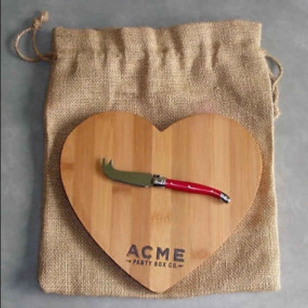 New ACME Party Box Company Bamboo Heart Cutting Board & Cheese Knife
